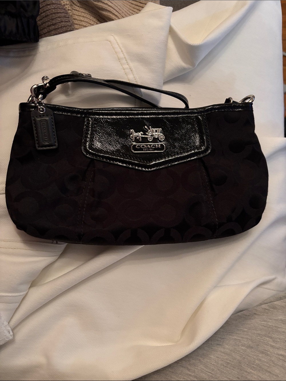 Coach Black Signature Jacquard Wristlet with Leather Trim